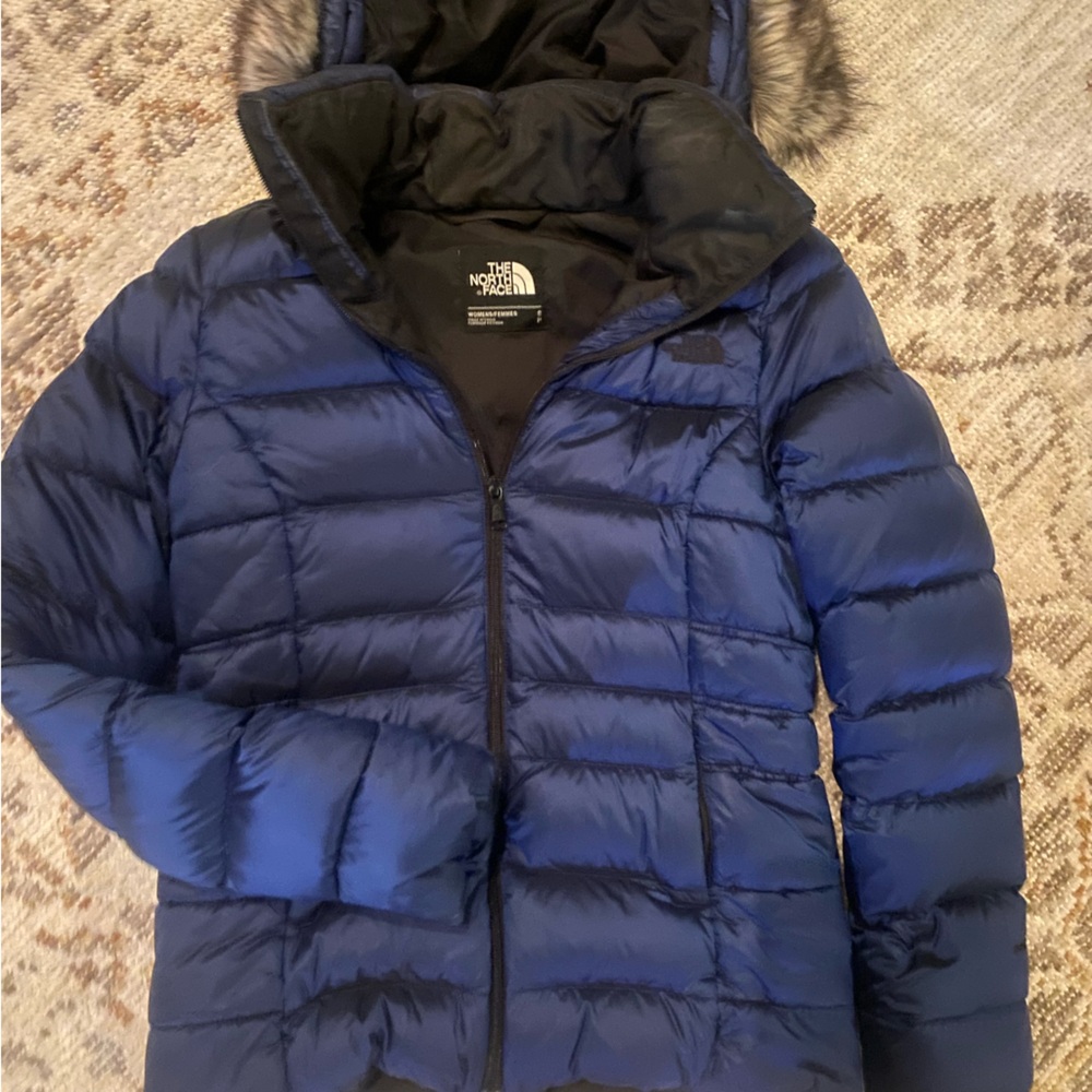 The North Face  Navy Blue Puffer Coat with Faux Fur Hood small